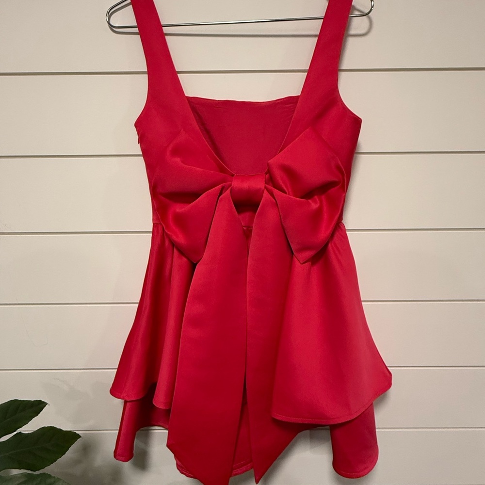 Forever 21 Bright Pink Tiered Mini Dress Bodice Boning Low Back Big Bow Size L